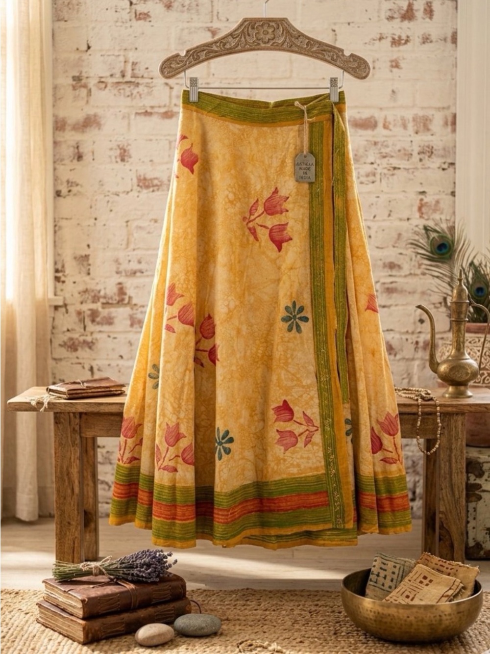 Vintage Janaki imports of India Bohemian Wrap Maxi Skirt in Yellow Floral cotton